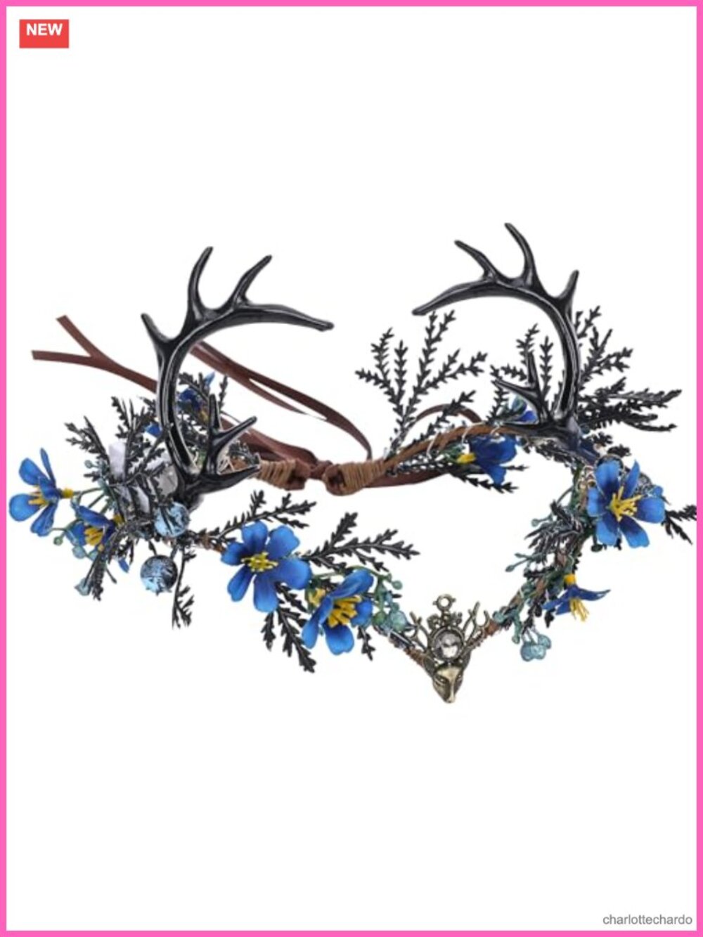 Light Up Antler Crown Blue Flower Elf Circlet for Women Renfaire